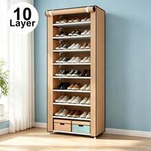 10-Layer Zipper Fabric Shoe Rack, Minimalist Dust-Proof Shoe Cabinet, Multi-Tier Shoe Storage Organiser, Portable Shoe Shelf For Dormitory, Bedroom, Student & Home Use - Brown - View 3