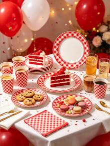 68 Piece Set, Red Grid Theme, 7-Inch Paper Tray, 9-Inch Paper Tray, Tissues, Paper Cups, Plates, Party Trays, Such As Anniversaries, Birthday Parties, Afternoon Tea, Weddings, Receptions, Parties, Picnics, Camping, Barbecues, Etc. - Multicolor - View 11