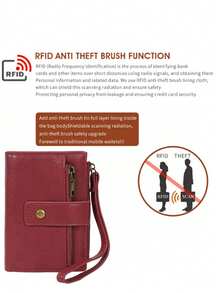 Women's RFID Blocking Small Wallet, Wine Red PU Leather Card Holder Purse With Snap Button, Zipper Coin Pocket & Wristlet - Red - View 5