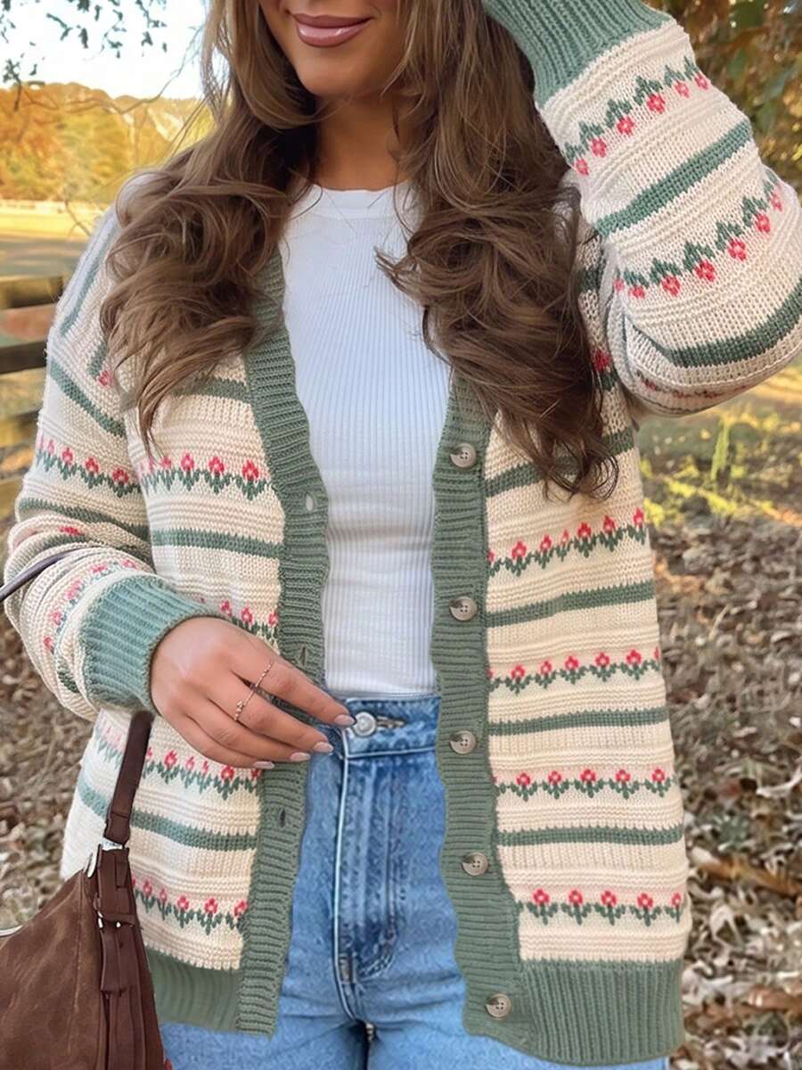 Women's Plus Size Vintage Floral Stripe Cardigan, Long Sleeve V-Neck Knit Sweater, Autumn Winter Office Commute Slimming Tops - Multicolor - View 1