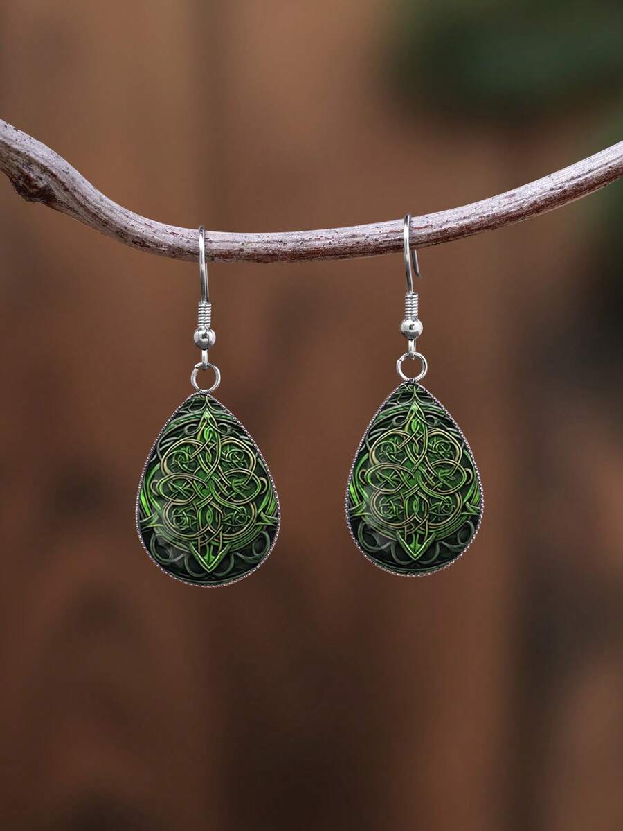 YUJUGLOW 1 Pair Green Irish Knot Pattern With 316 Stainless Steel Water Drop Earrings Suitable For Women's Daily Wear - Green - View 1