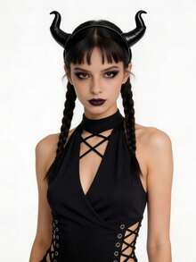 1pc Gothic Black Queen Devil Horn Headband, Detachable Plastic Devil Horn Hair Accessory, Halloween Cosplay Headband, Suitable For Halloween Wear - Black - View 1
