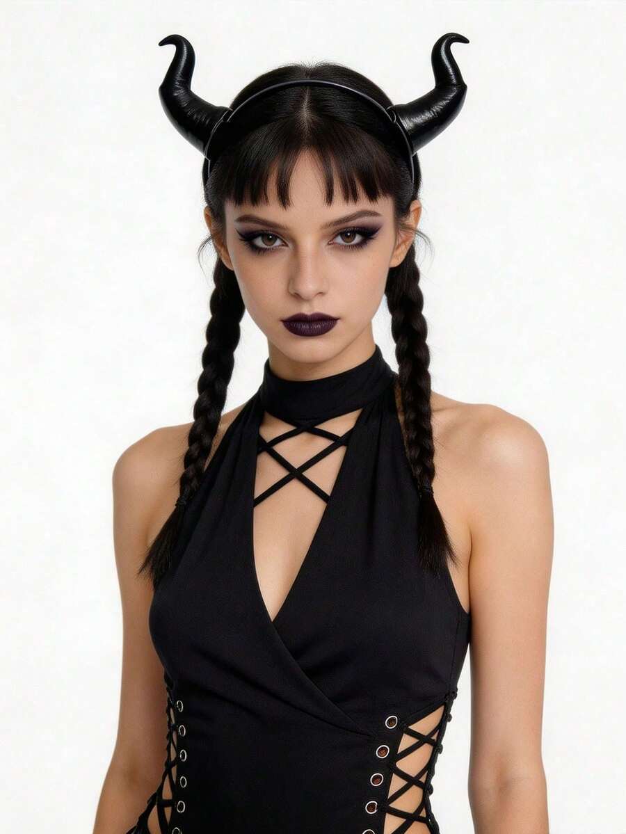 1pc Gothic Black Queen Devil Horn Headband, Detachable Plastic Devil Horn Hair Accessory, Halloween Cosplay Headband, Suitable For Halloween Wear - Black - View 1