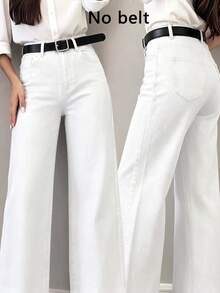 High Waist Washed Stretch Straight Leg Jeans, Casual Comfortable Daily Streetwear White Fall - White - View 7