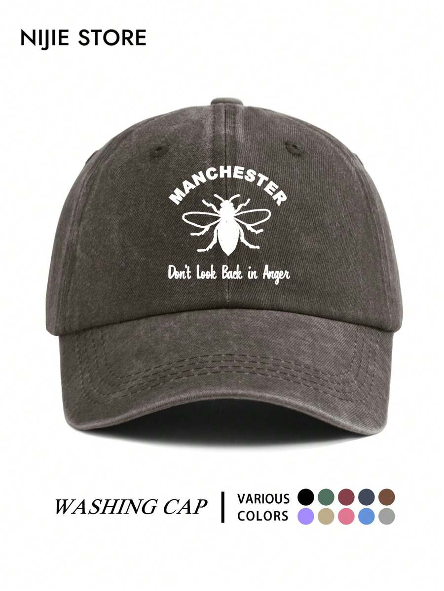 1pc Manchester Bee Don't Look Back In Anger Pattern Baseball Cap, Vintage Distressed Washed Style, Lightweight Comfortable Adjustable Sun Protection Multi-Function Baseball Cap Unisex Duck Bill Dad Hat, Suitable For Daily Outings, Outfit, Commuting, Travel, Vacation, Outdoor Activities, Trucker Hat - A - View 1
