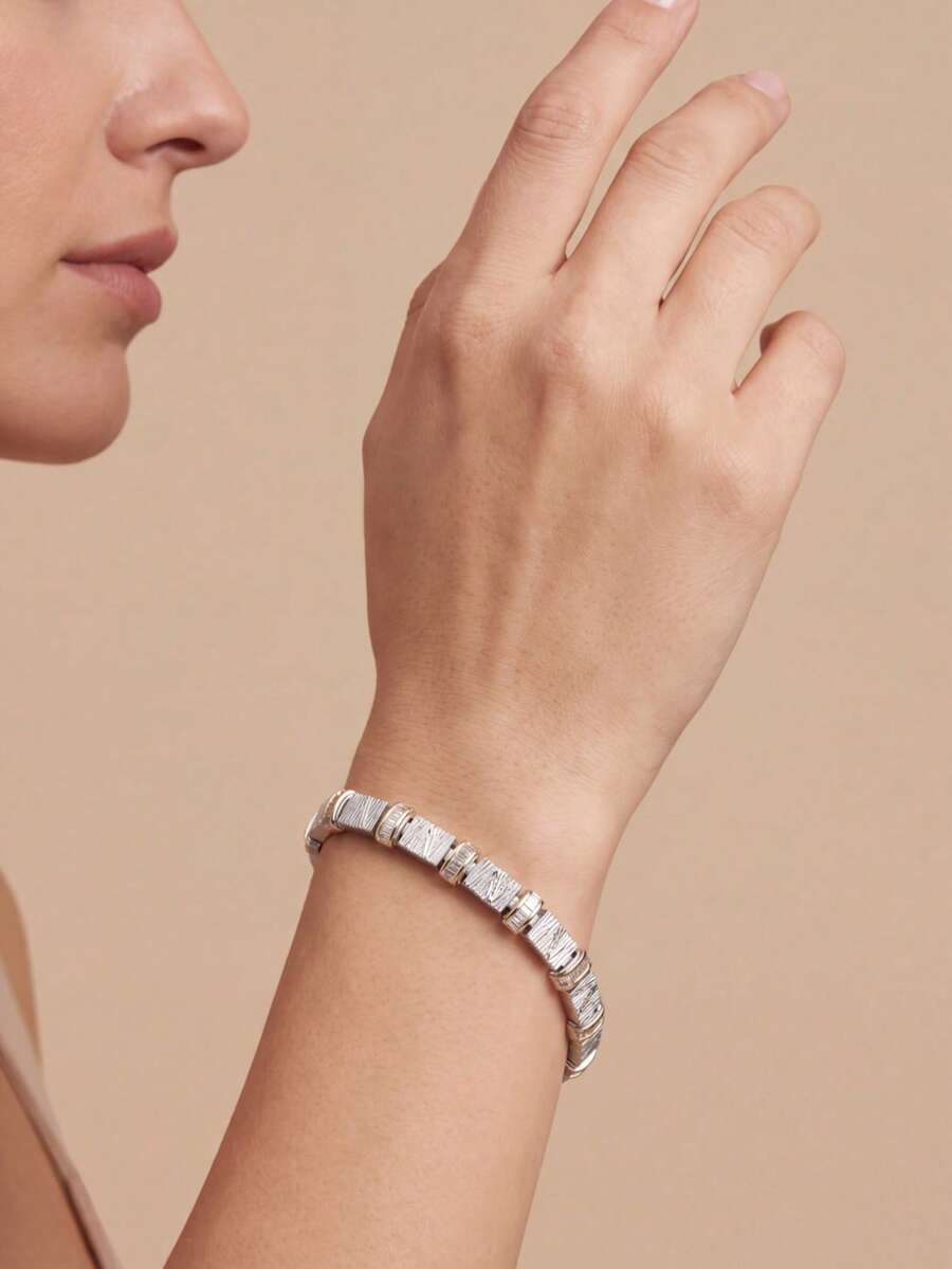 1pc Luxury Elegant Sparkling Cubic Zirconia Inlaid Dual-Color Rectangular Design Bracelet Suitable For Women's Wedding And Banquet Wear, Gift Box Not Included - Multicolor - View 1
