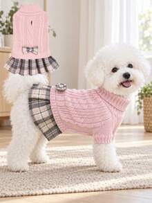 1pc Small Dog Sweater Dress, Warm High Neck Soft Knitted Clothing For Winter, Cute For Poodle, Yorkshire Terrier, Chihuahua - Pink - View 9