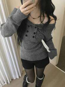 Korean Style Cool Vibe Off Shoulder Double-Breasted Cold Shoulder Knit Sweater, Versatile And Slimming - Grey - View 2