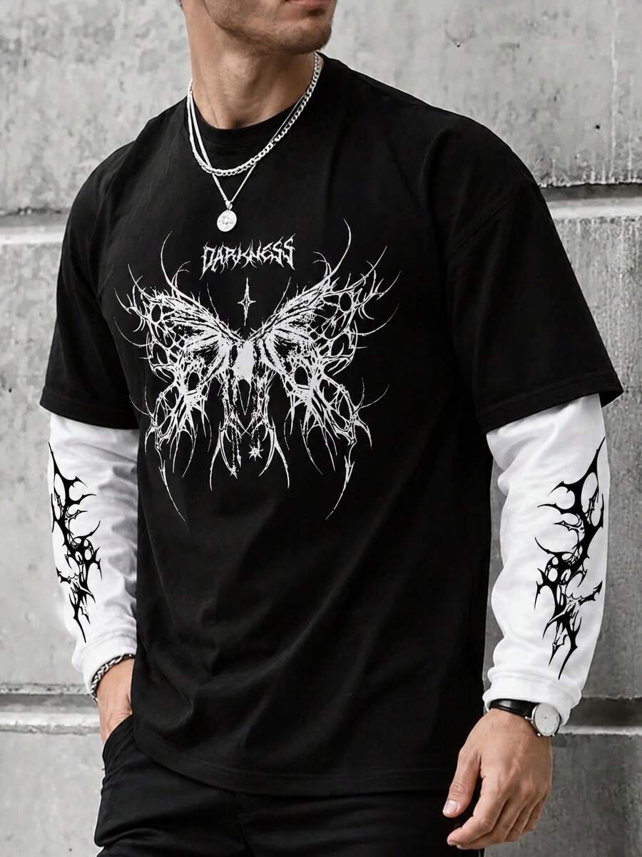 Men's 2 In 1 Long Sleeve T-Shirt, Dark Style Thorn & Butterfly Print, Crew Neck, Loose Fit, Streetwear Colorblock Pullover Top - Black - View 1