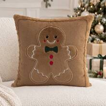 1pc Christmas Brown Gingerbread Man Embroidered Pillowcase, Suitable For Indoor Decoration, Christmas Decor, All-Season Pillowcase, Without Insert - Brown - View 10