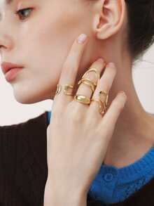 Sorayune 4pcs/Set Fashionable Bohemian Geometric Hollow Asymmetric Abstract Design Adjustable Gold Rings Set, Women Jewelry Accessories - Yellow Gold - View 3