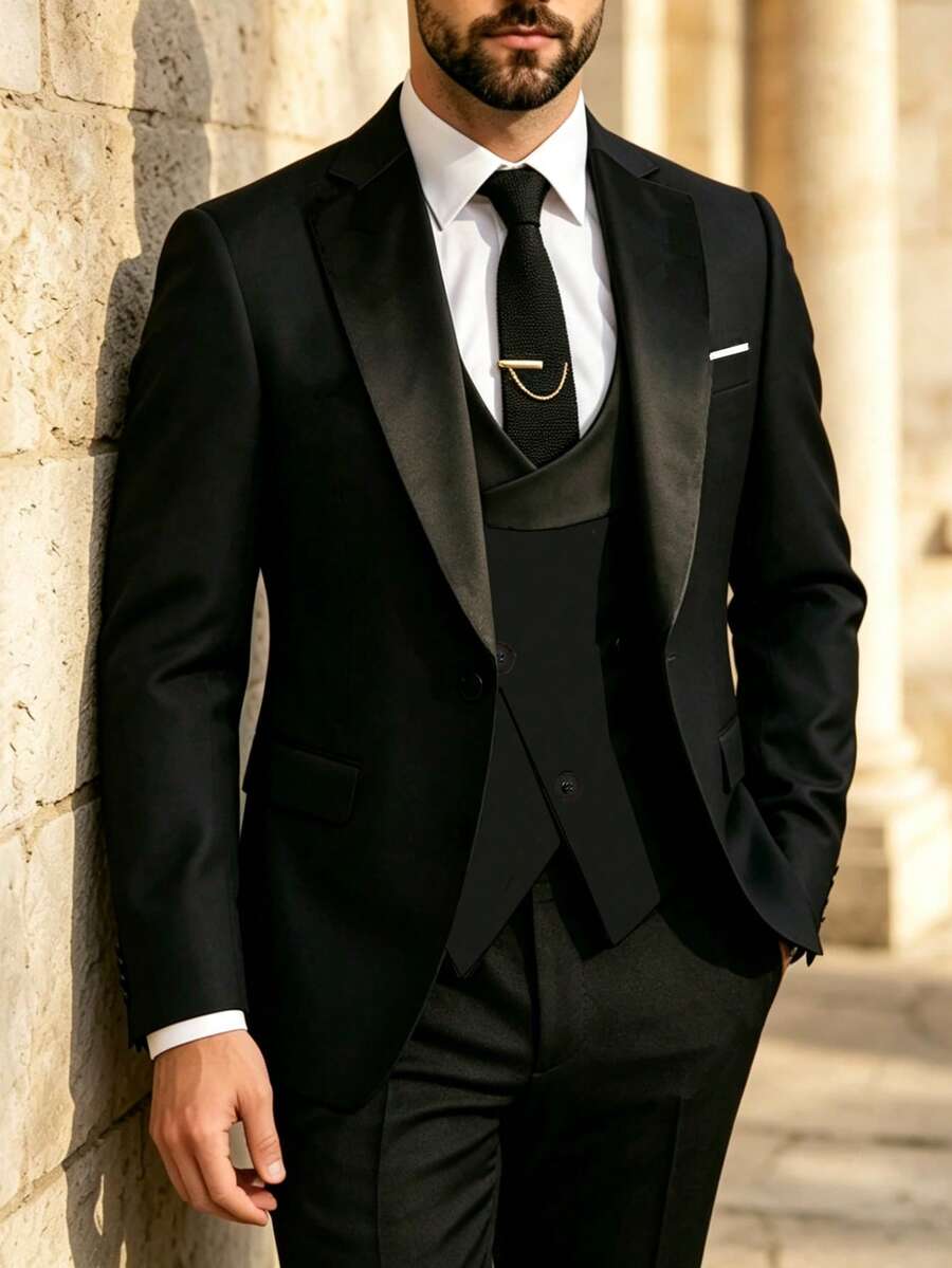 3件組男士高品質商務西裝,適合春季新郎婚禮服飾,時尚配色修身版型休閒奢華西裝套裝,男士時尚西裝外套 - 黑色 - 查看 1