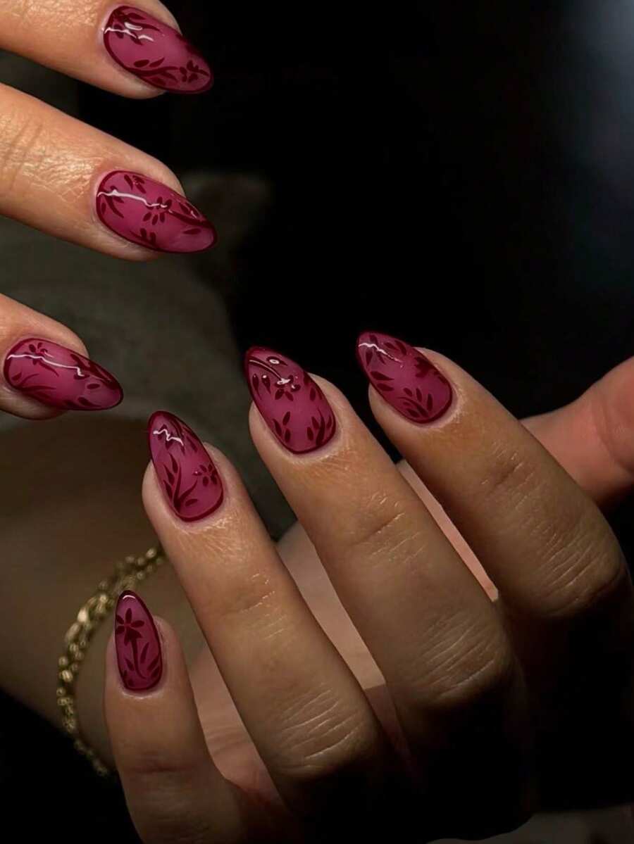 30pcs Short Almond French Press-On Nails, Medium Purple-Red Nails, Floral Pattern Design, Acrylic False Nails. Set Includes: 1pc Jelly Glue And 1pc Nail File. Suitable For Autumn/Winter Nails. - Red Violet - View 1
