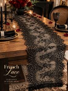 1pc 14*118 Inch Lace Table Runner, Embroidered Bohemian Style Wedding Table Runner, Halloween Tablecloth Vintage Country Lace Fabric Table Runner, Suitable For Wedding Party Bridal Shower Decoration Halloween Decoration - Black - View 3