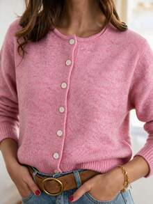 Plus Size Women's Casual Versatile Rose Pink Solid Color Knit Cardigan, Autumn/Winter - Pink - View 2