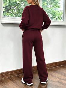 2件組 Falloutfits 女款運動套裝，時尚舒適拼色夾克與休閒長褲，適合秋冬穿著 - 酒紅色 - 查看 6