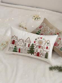 1件裝聖誕米色摩天輪房屋刺繡枕套,適合室內裝飾、聖誕裝飾,四季通用,不含枕芯 - 米色 - 查看 8