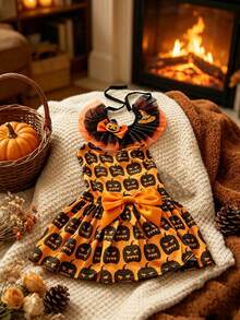 Halloween Pumpkin Print Dog Dress, Matching Bow And Ruffled Collar Set, Cute Orange And Black Halloween Costume, Lantern Pattern, Party Pumpkin Dress, Glittery Pumpkin Bow Hair Clip And Glittery Mesh Ruffled Collar - Multicolor - View 8
