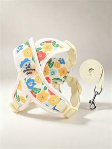 Spring New Style Floral Dog Harness And Leash Set, Adjustable & Comfortable For Small Dogs, Canvas Digital Printing Breathable With Cute Flower Prints In Multiple Colors, Nice Fit Walking Gear For Stylish Pet Outings - Beige - View 3