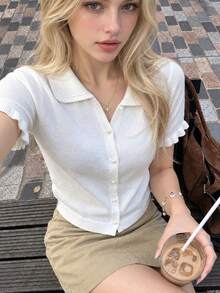 Women's Polo Collar Knit Top, Pearl Button Front Ruffle Trim Short Sleeve Cropped Knit Blouse, White - White - View 4
