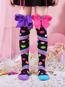 1 Pair Knee-High Socks, 3D Bow & Heart Polka Dot Pattern, Suitable For All Seasons. Perfect For Parties, Cosplay, School, Weddings, Outdoor And Daily Wear, Ideal Gift - Multicolor - View 8