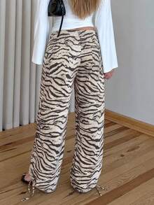 2026 New Zebra Print Woven Fabric Drawstring Waist Women's Long Pants - Light Khaki - View 4