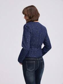 Women's Long Sleeve Metal Button Design Elegant Belted Tweed Jacket Fall - Blue - View 2