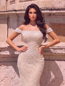 Women's Elegant Long Mermaid Evening Dress, Off-Shoulder Neckline, Embellished With Sequins And Pearls, Suitable For Formal Occasions - Champagne - View 7