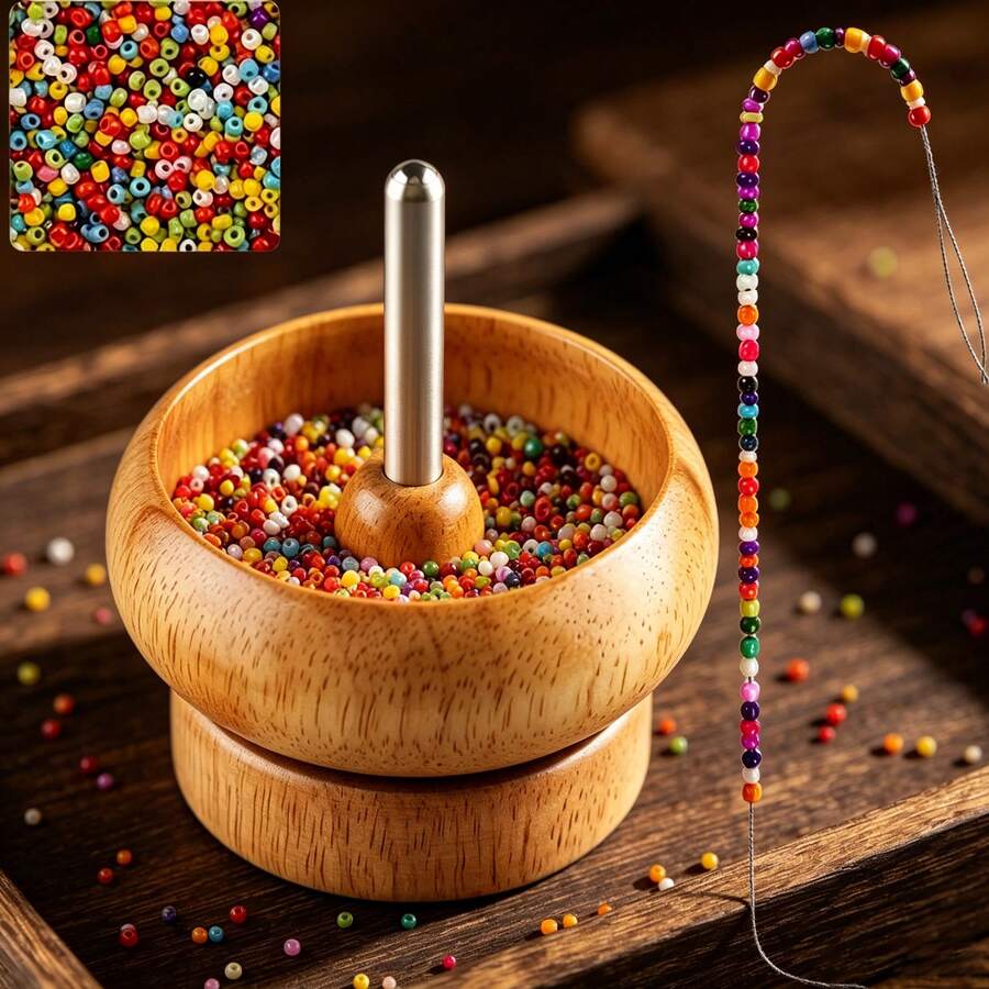 Natural Wooden Bead Spinner, Smooth & Durable Hand-Crank Rotating Beading Bowl For Seed Clay Beads, Fast DIY Jewelry Making Tool For Bracelet Necklace, Handmade Craft Accessory - Multicolor - View 1