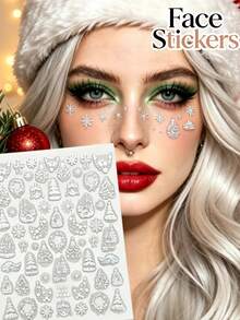 1pc Autumn/Winter Christmas New White Christmas Element Face Sticker, White Bow, Christmas Tree, Ice Crystal Snowflake, Mistletoe, Etc., Creating Rich Christmas Atmosphere, Y2K Christmas Gothic Style - White - View 1