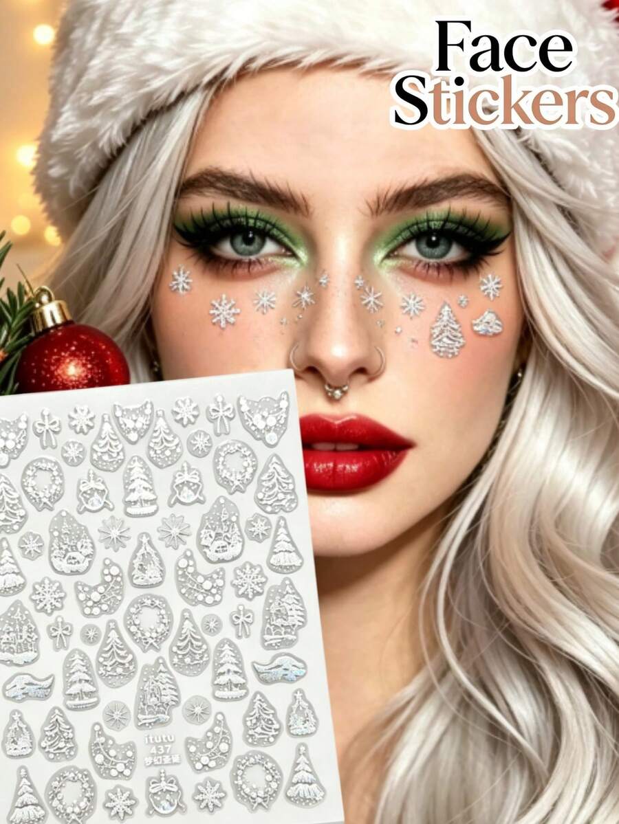 1pc Autumn/Winter Christmas New White Christmas Element Face Sticker, White Bow, Christmas Tree, Ice Crystal Snowflake, Mistletoe, Etc., Creating Rich Christmas Atmosphere, Y2K Christmas Gothic Style - White - View 1
