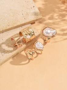 5pcs/Set Elegant Asymmetrical Baroque Faux Pearl Decor Rings, Gold Fashionable Women's Hand Jewelry, Suitable For Daily Wear, Dating, Shopping And Party - Multicolor - View 3