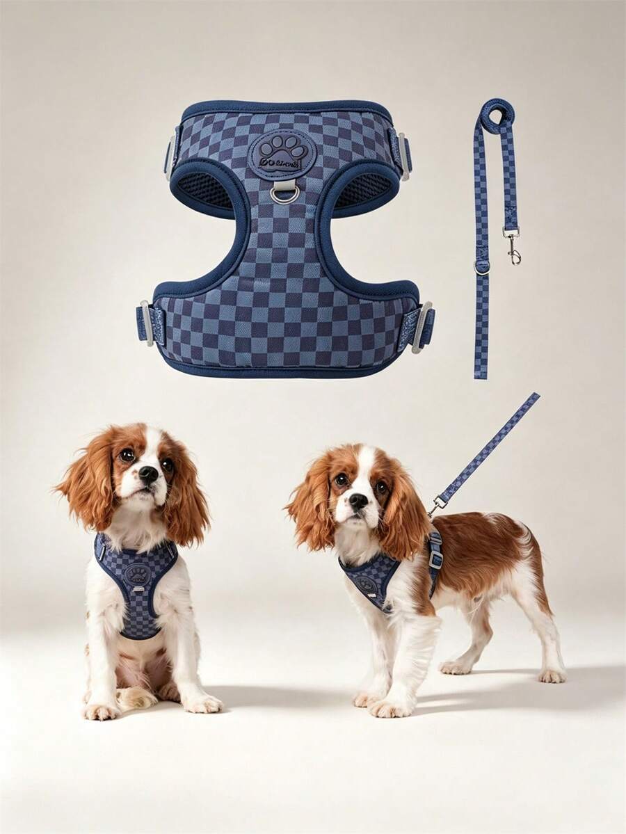 Spring New Plaid Pattern Dog Harness And Leash Set, Made Of Soft Breathable Mesh Fabric, Back Equipped With Round Ring For Increased Stability, Anti-Friction Design, Adjustable Size, Suitable For Small Dogs - Fashionable And Comfortable, Ideal For Daily Walking And Training. Matching Leash Has Waste Bag Holder.