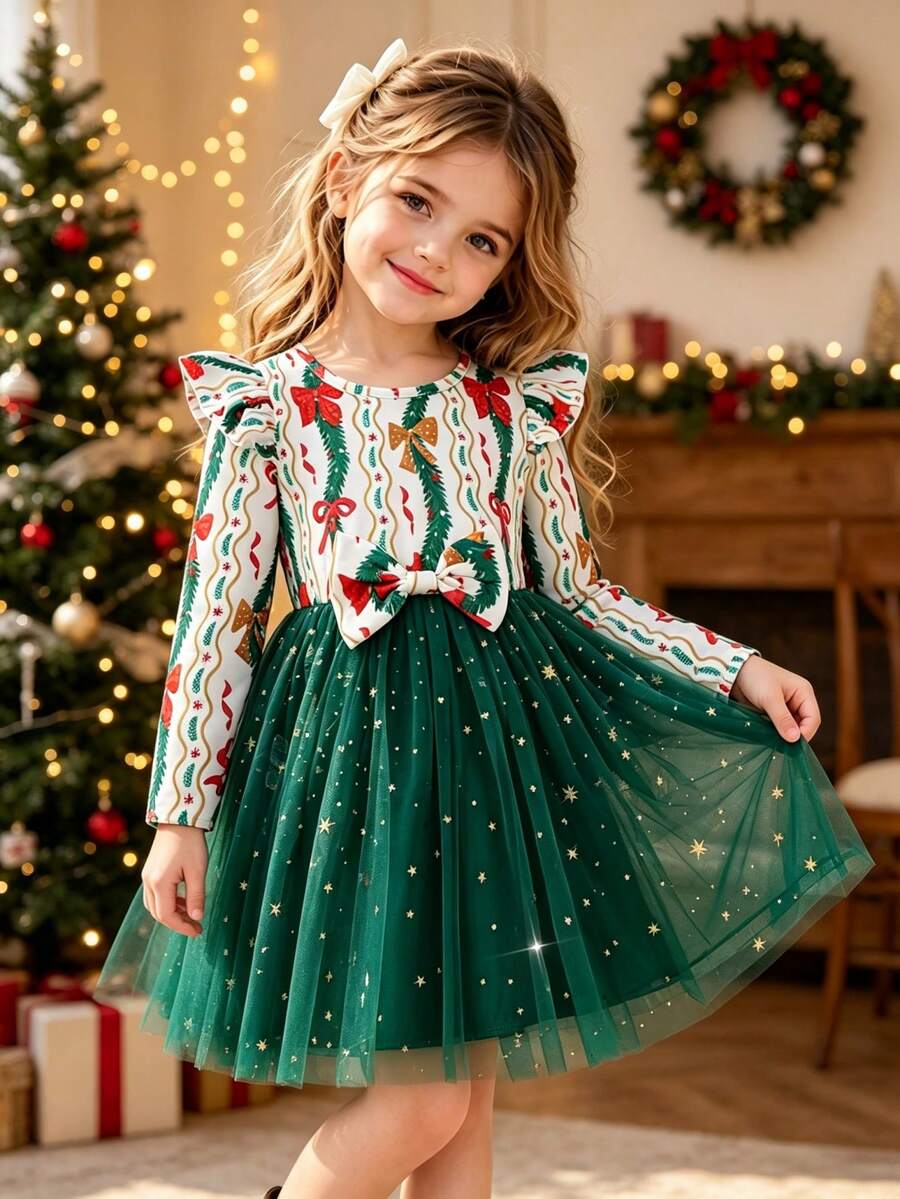 Girls' Long Sleeve Digital Print Dress With Bow & Mesh Patchwork, & Cute Dress For Christmas Party - أخضر - مشاهدة 1