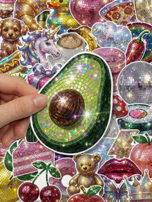 50/100pcs Y2K Disco Style Stickers, Including Fruits, Animals, Snacks And Icons, Shiny Tile Texture, Suitable For Scrapbooking - Multicolor - View 6