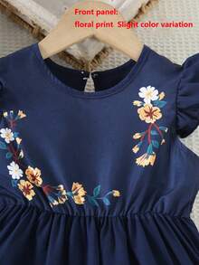Girls' Summer Back To School Fashion Minimalist Navy Blue Printed Dress, Flowy Ruffle Sleeve Style, Suitable For School, Daily And Outdoor Wear - Navy Blue - View 4