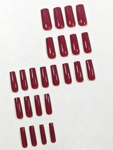 24pcs/Set Elegant & Simple French Style Wine Red Full Cover False Nails, Suitable For Students, Office Ladies, Party, Dating, Daily Wear Press On Nails Nail Supplies - Burgundy - View 2