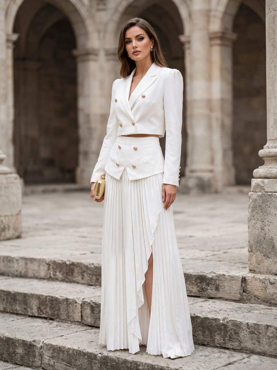Urban Elegant Minimalist Commuter Women's Solid Color Double-Button Office Puff Long Sleeve Cropped Wide Blazer With Pleated Slit Skirt, Autumn - White - View 1