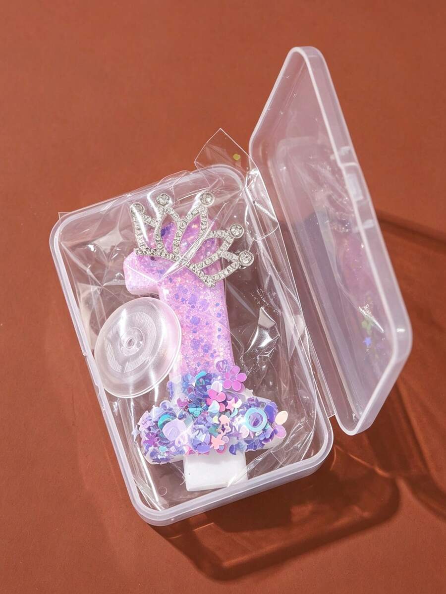 1pc Purple Pink Iridescent Glitter Number Birthday Candle With Rhinestone Crown Decor, 0-9 Number Cake Topper, Princess Theme Party Decoration, Girls Birthday, Baby Shower, Sweet 16 Dessert Table Cake Decor