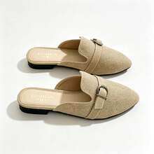 Women's Pointed Toe Buckle Decor Flat Mule Shoes, Daily Commute Casual Slip-On Closed Toe Backless Loafer Mules - Khaki - View 4