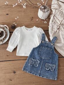 2pcs Baby Girl Cute Puff Sleeve Pullover Top & Denim Overall Dress Set, Thin Spring/Autumn - Light Wash - View 3