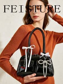Tas Tangan Wanita PU Tahan Air Warna Polos Klasik Terbaru, Desain Dekorasi Pita Manik-manik, Tas Bahu Kapasitas Besar, Tas Selubung, Dompet Wanita, Cocok Untuk Belanja, Bepergian, dan Perjalanan - Hitam - View 3