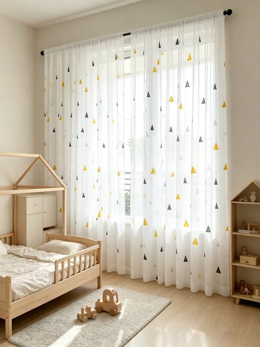 1pc Rod Pocket Triangle Print Sheer Curtain, Yellow & Black Geometric Pattern, Soft Diffused Light, Lively & Playful Kids Room Floor-Length White Sheer Curtain - White - View 1