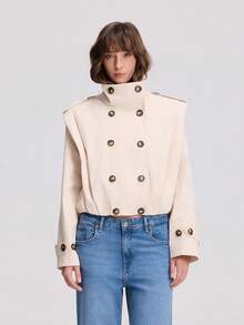 Women's Old Money Style Short Jacket, Long Sleeve Stand Collar Pleated Casual Trench Coat - Light Khaki - View 6