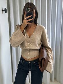 Women's Fall Winter Clothes Knit Cardigan Wide Sleeve V Neck Shell Button Top Cozy Casual Fall Layering Everyday Wear Work Coffee Run Brunch Weekend - Grey - View 4