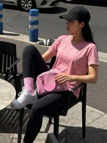 Women's Summer Quick-Dry Short Sleeve Top, Breathable & Comfortable, With Pockets Pink Sports - Pink - View 8
