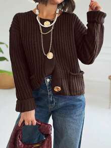 Vellofy Women's Autumn/Winter Chocolate Brown Chunky Knit Cardigan, Round Neck Large Decorative Buttons Long Sleeve Short Length Sweater Jacket With Pockets, Loose Fit Suitable For Daily Commute And Party - Brown - View 10