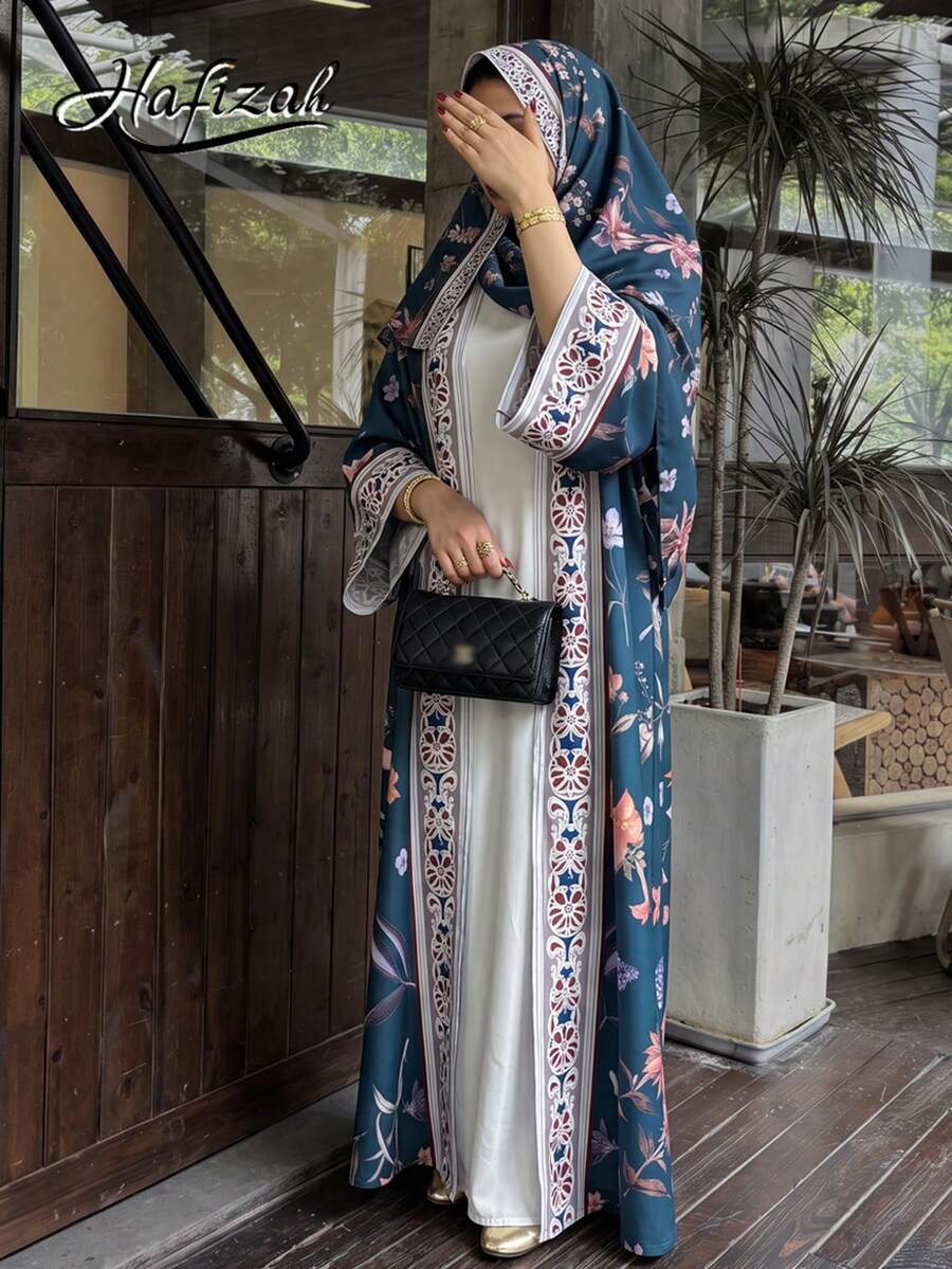 Hafizah 花卉印花睡袍與頭巾2件組 度假秋季款 - 藍色 - 查看 1
