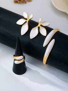 4pcs Fashionable Personalized Versatile Minimalist Gold-Plated & Artificial Drip Oil Black Floral Geometric Water Drop Line Shape Bracelet Ring Earring Jewelry Set, Suitable For Women, Thick Smooth Metal & Zinc Alloy Material Bracelet Ring Earring - White - View 2