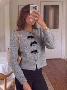 Women's Spotted Knit Cardigan, Black Bow Decor Button Sweater, Suitable For Halloween, Thanksgiving And Christmas - Grey - View 3